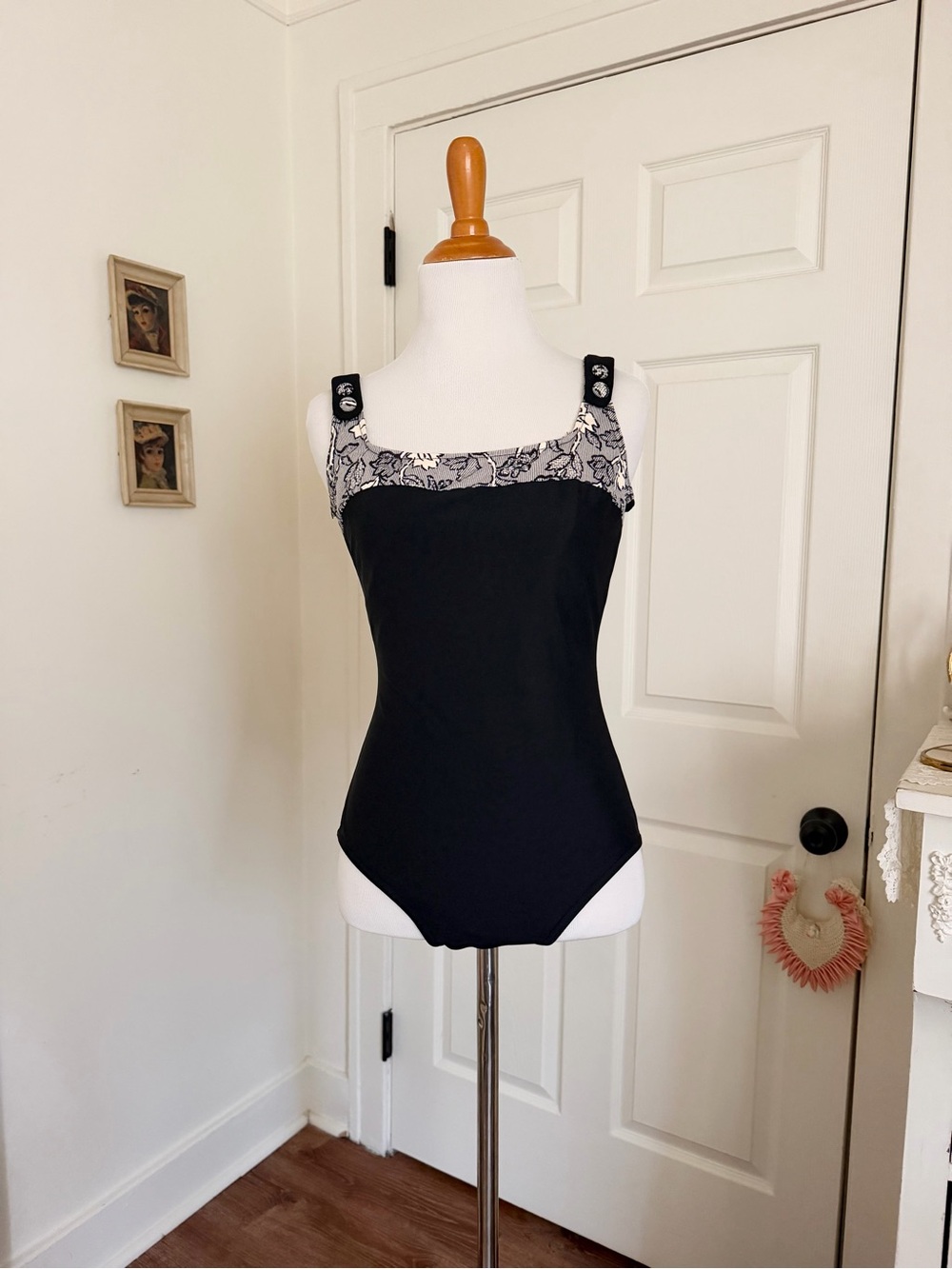 Vintage Black and Navy Floral Trim One Piece Swimsuit
